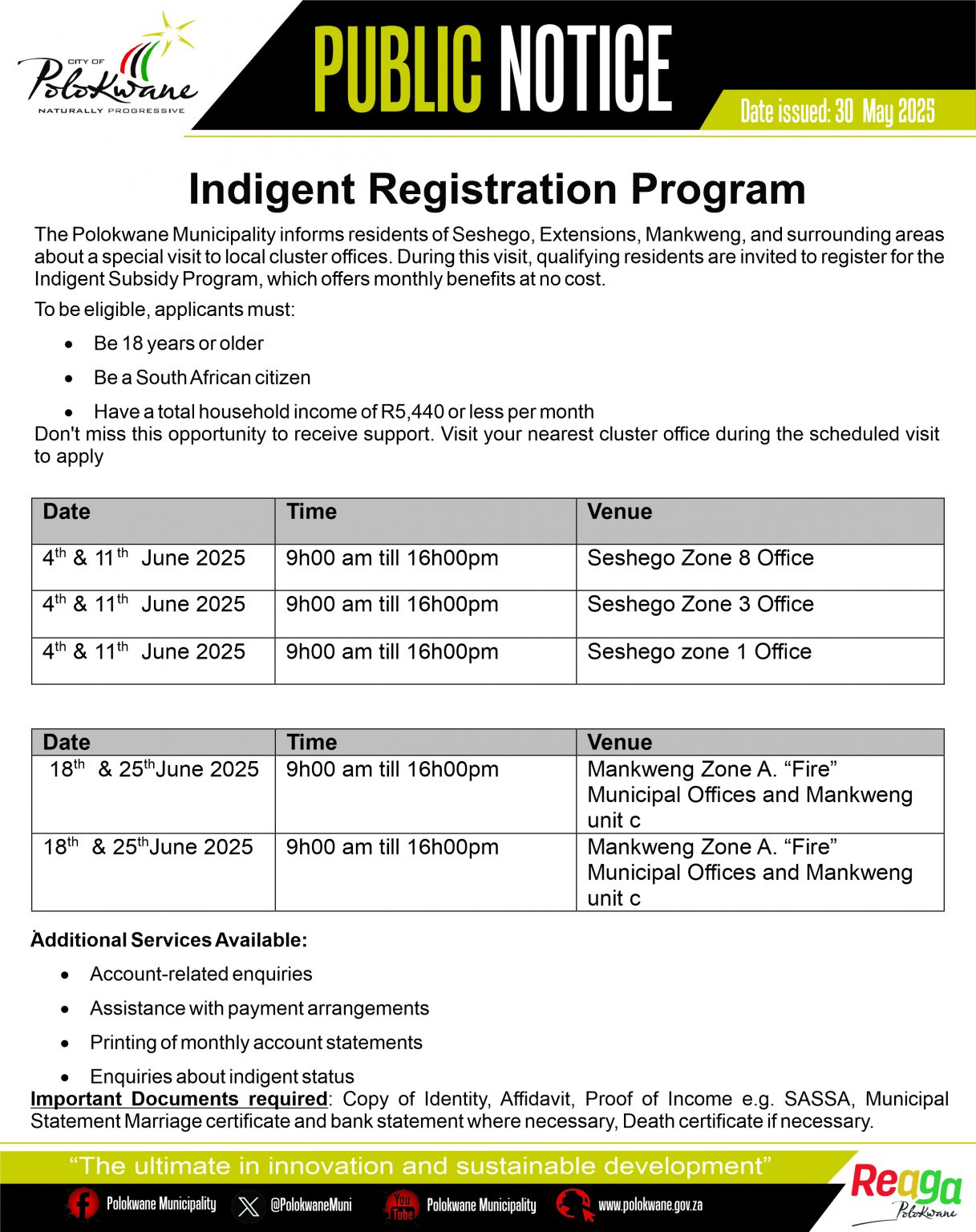 PUBLIC NOTICE – Indigent Registration Program 30 MAY 2025 - Polokwane ...