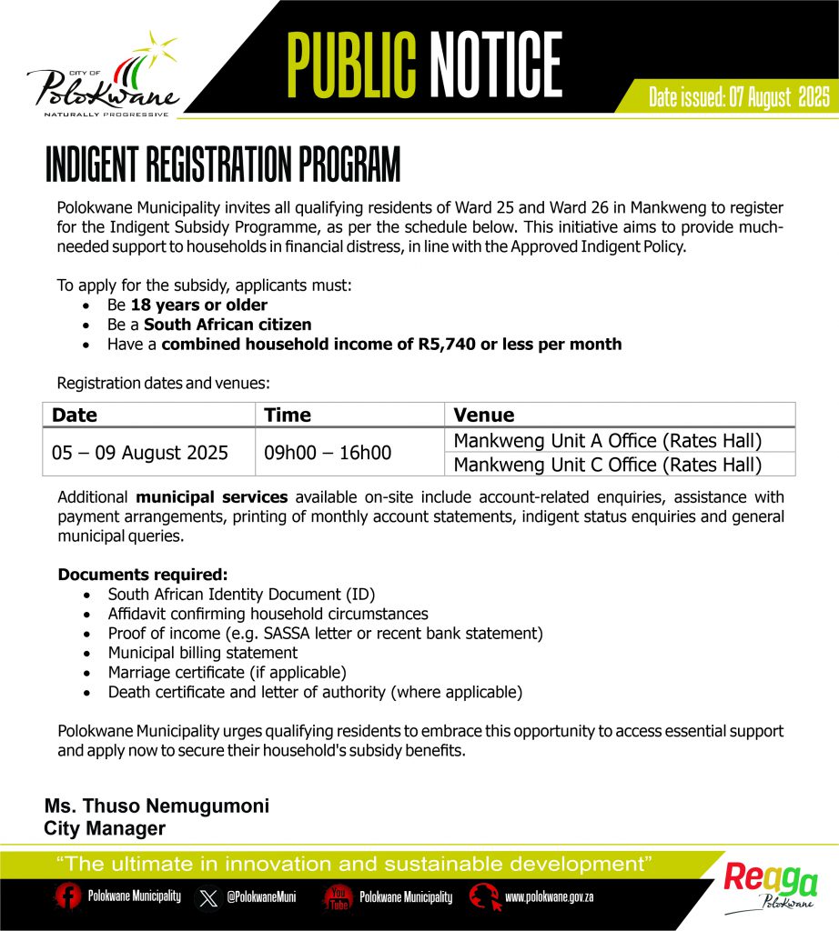 Public Notice – INDIGENT REGISTRATION PROGRAM MANKWENG 07 August 2025 ...